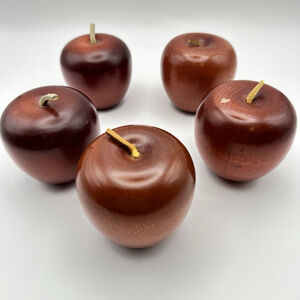 5 Vintage Realistic Wooden Apples with leather Stems
